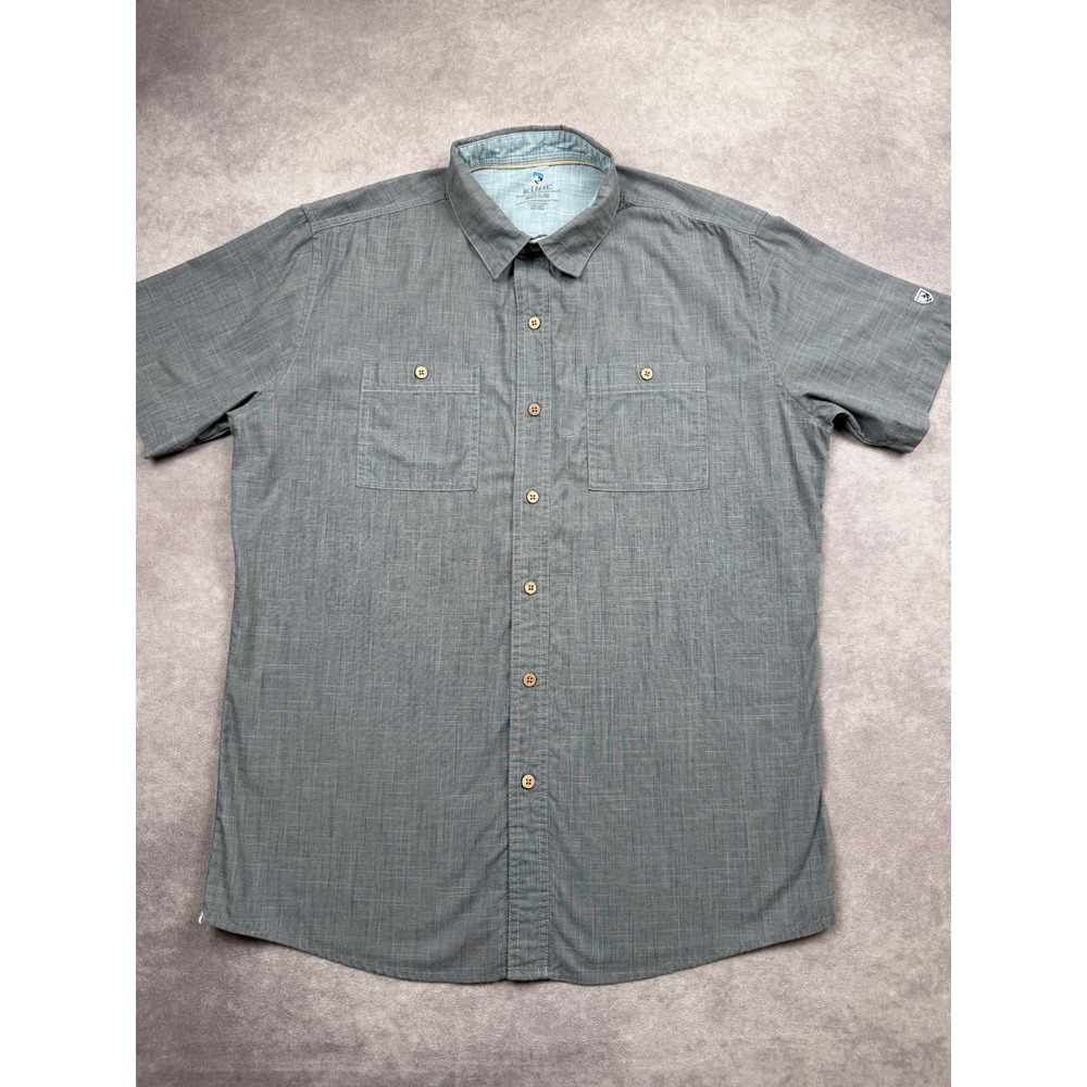 Kuhl Men M Gray Check Short Sleeve Button Shirt Dual Pockets Outdoor Casual Camp